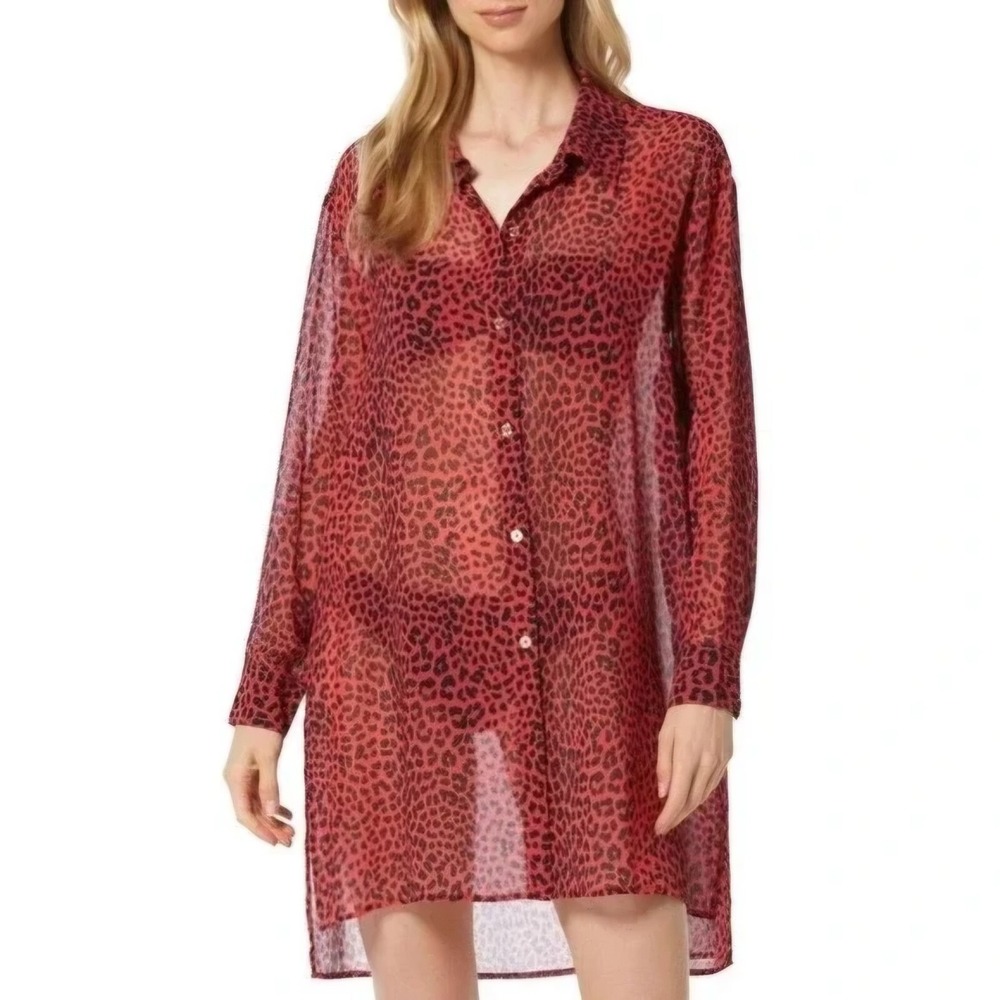Michael Kors Women Animal Print Sheer Cover Up Red‎ Sea Coral Size L